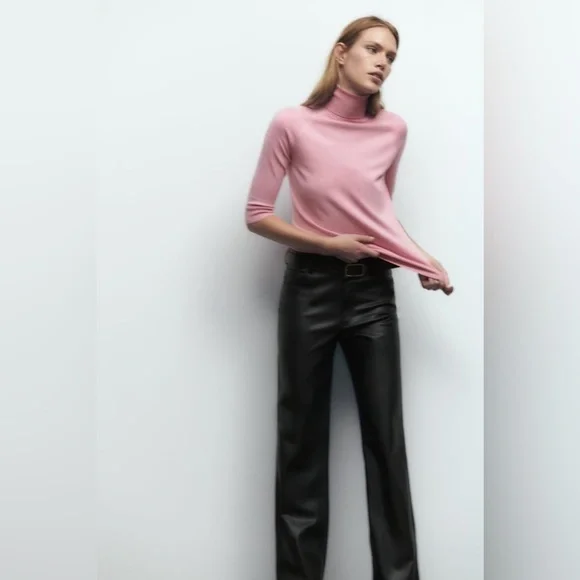 Zara High Collar Turtleneck Fine Ribbed Knit 3/4 Sleeve Sweater in Pink - Picture 8 of 14
